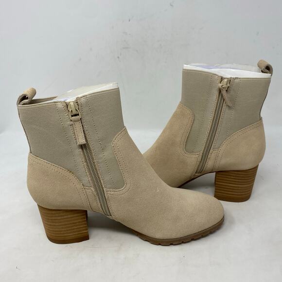 Violet & Red Loaded Knit Cuff Bootie Block Heel Faux Suede Tan Womens Size 10 - Picture 6 of 8